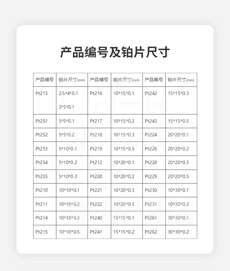 铂片电极产品编号及铂片尺寸