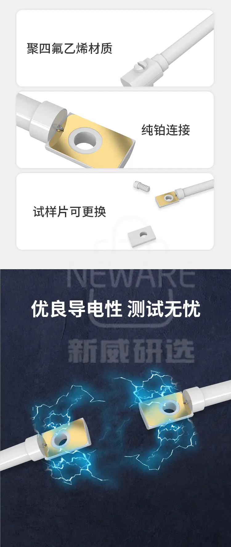 可换片铂电极夹采用聚四氟乙烯材质，纯铂连接，具有优越的导电性