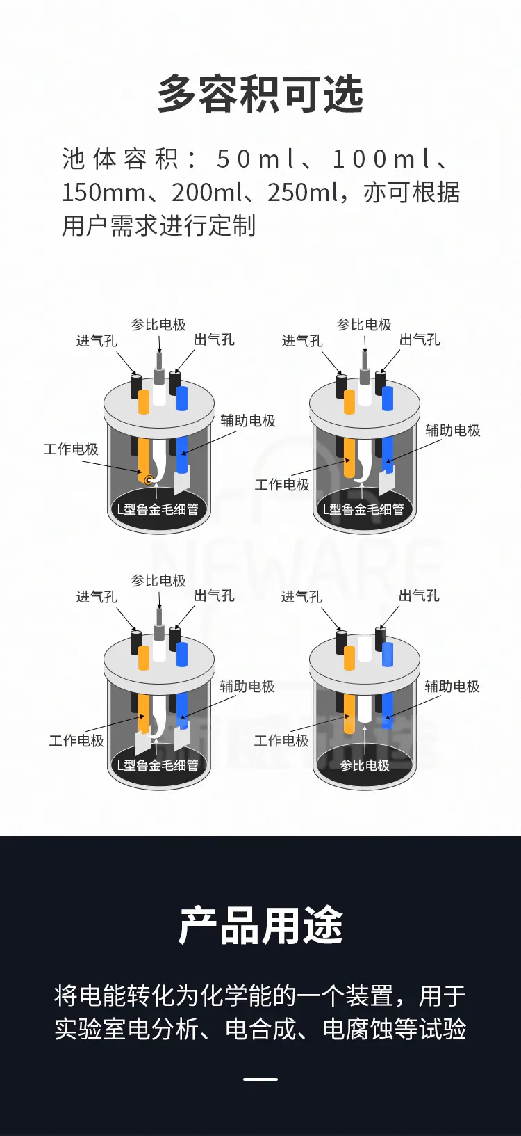 常规电解池的容积有50ml、100ml、150ml、200ml、250ml可以选择，也支持定制