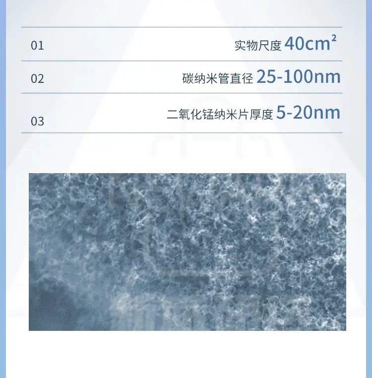 碳布负载碳纳米管-二氧化锰复合薄膜，实物尺度：40cm2；碳纳米管直径：25-100nm；二氧化锰纳米片厚度：5-20nm