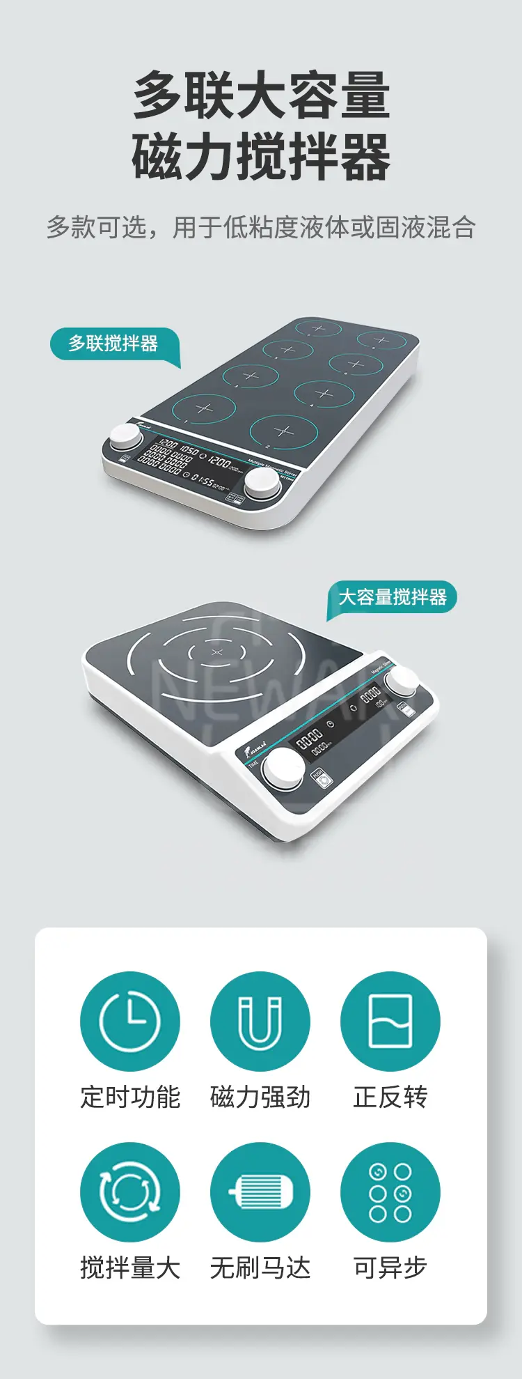 多联大容量磁力搅拌器有多款可以选择，用于低粘度液体或固液混合