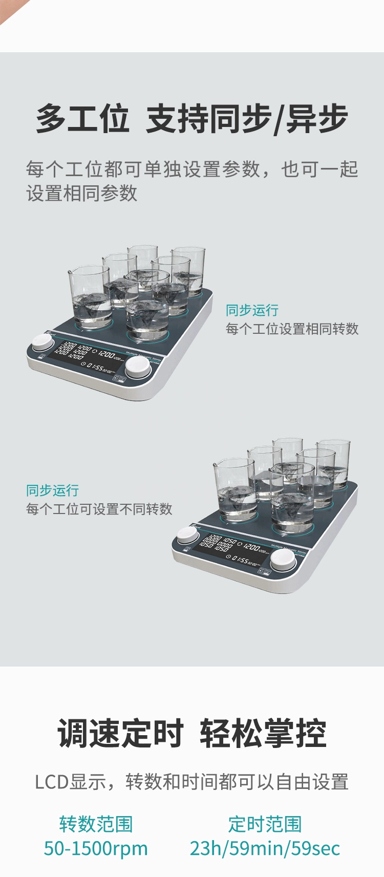 搅拌器支持多工位，每个工位可以单独设置参数进行搅拌
