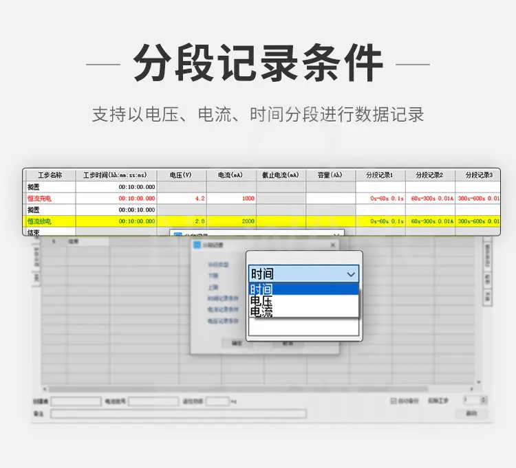 新威电池检测系统支持以电压、电流、时间分段进行数据记录