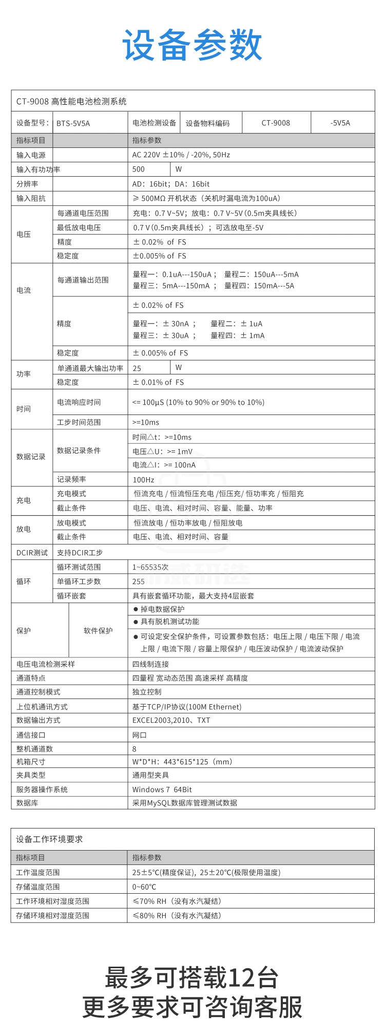 高性能电池检测系统的设备参数