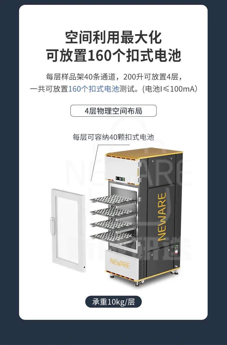 新威一体式恒温试验箱每层可防40个扣式电池，最多可放160个扣式电池