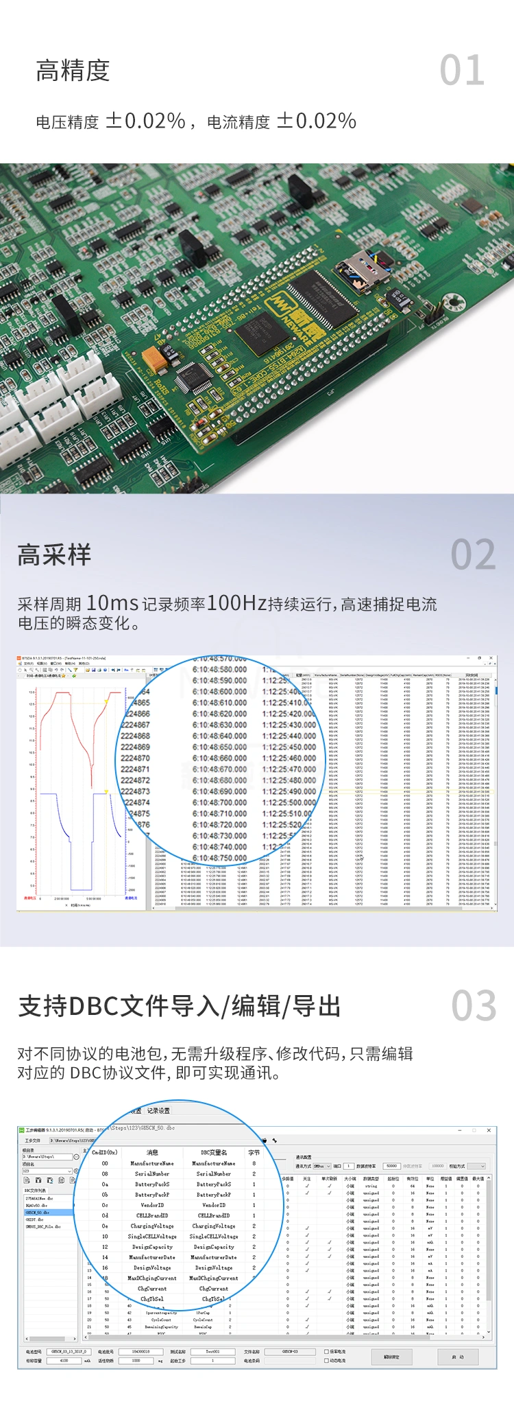 电池检测系统24V15A具有高精度高采样的特点，支持DBC文件导入/编辑/导出