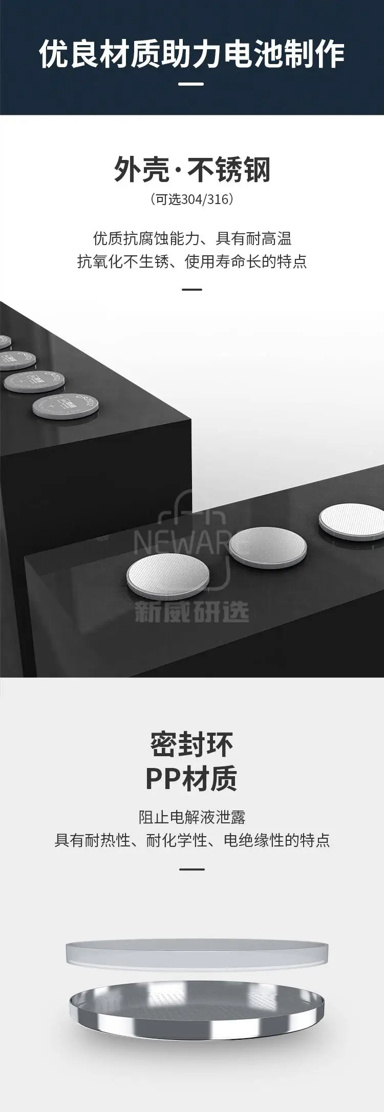 纽扣电池壳不锈钢304/316材质，密封环PP材质